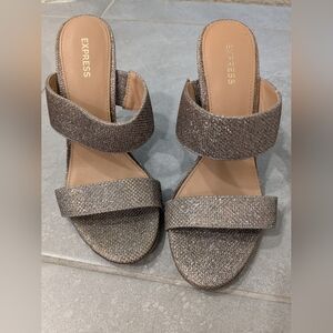 Express Metallic Taupe Glitter Strappy Block Heels